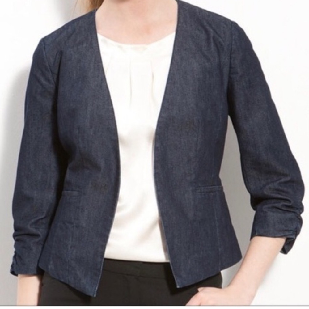 Halogen denim 3/4 ruched sleeves open women’s blazer sz 6